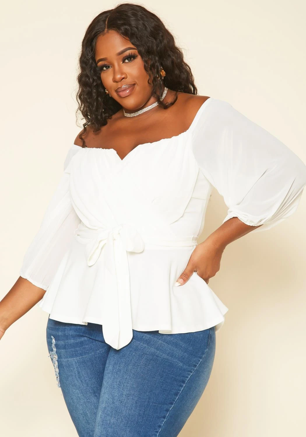 Plus Size Off Shoulder Long Sleeve Peplum Top 4 Plus Size Off Shoulder Long Sleeve Peplum Top - Image 2