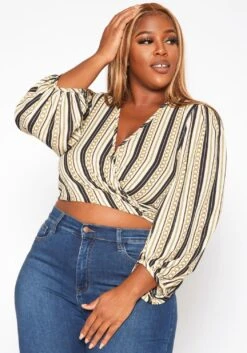 Plus Size Chainlink Striped Print Wrap Crop Top