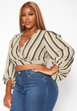 Plus Size Chainlink Striped Print Wrap Crop Top -Curve Elegance Shop 2018774 135 2