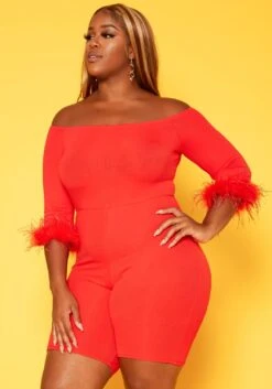 Plus Size Feather Trim Off Shoulder Bodycon Romper -Curve Elegance Shop 2018789 110 2