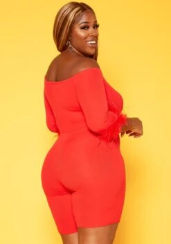Plus Size Feather Trim Off Shoulder Bodycon Romper -Curve Elegance Shop 2018789 110 3