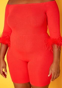 Plus Size Feather Trim Off Shoulder Bodycon Romper -Curve Elegance Shop 2018789 110 4