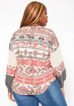 Plus Size Aztec Print Tie Front Sweater -Curve Elegance Shop 2018799 110 2