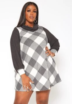 Plus Size Plaid Print Funnel Neck Mini Dress -Curve Elegance Shop 2018802 107 0