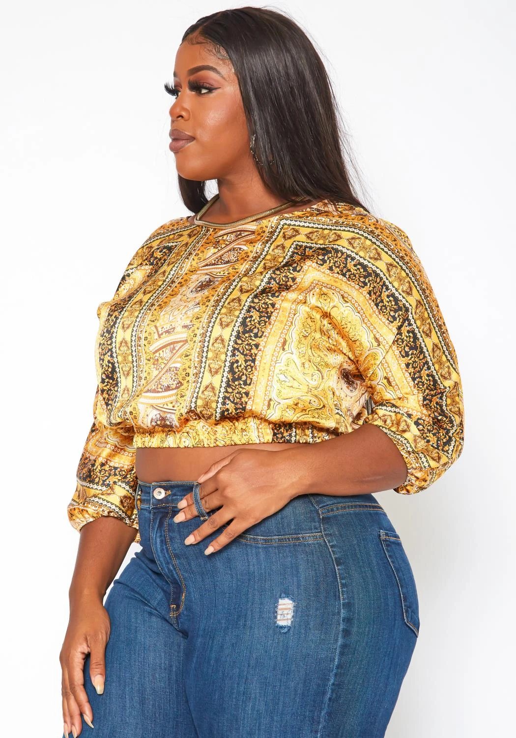 Plus Size Brocade Print Satin Blouse 5 Plus Size Brocade Print Satin Blouse - Image 3