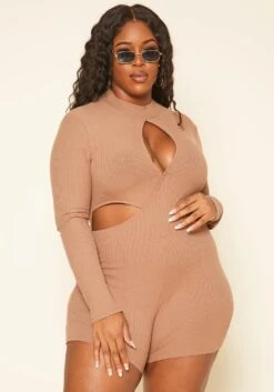 Plus Size Ribbed Knit Cut Out Romper -Curve Elegance Shop 2019193 190 0