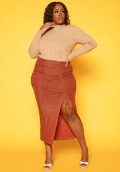 Plus Size Drawstring Hem Shimmer Maxi Skirt