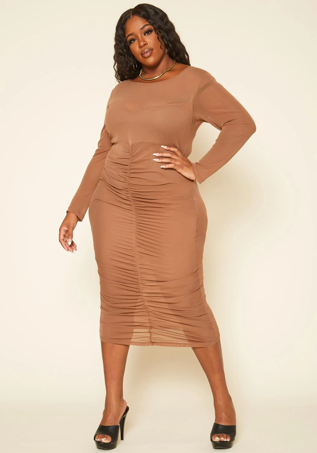 Plus Size Ruched Mesh Bodycon Midi Dress 4 Plus Size Ruched Mesh Bodycon Midi Dress - Image 2
