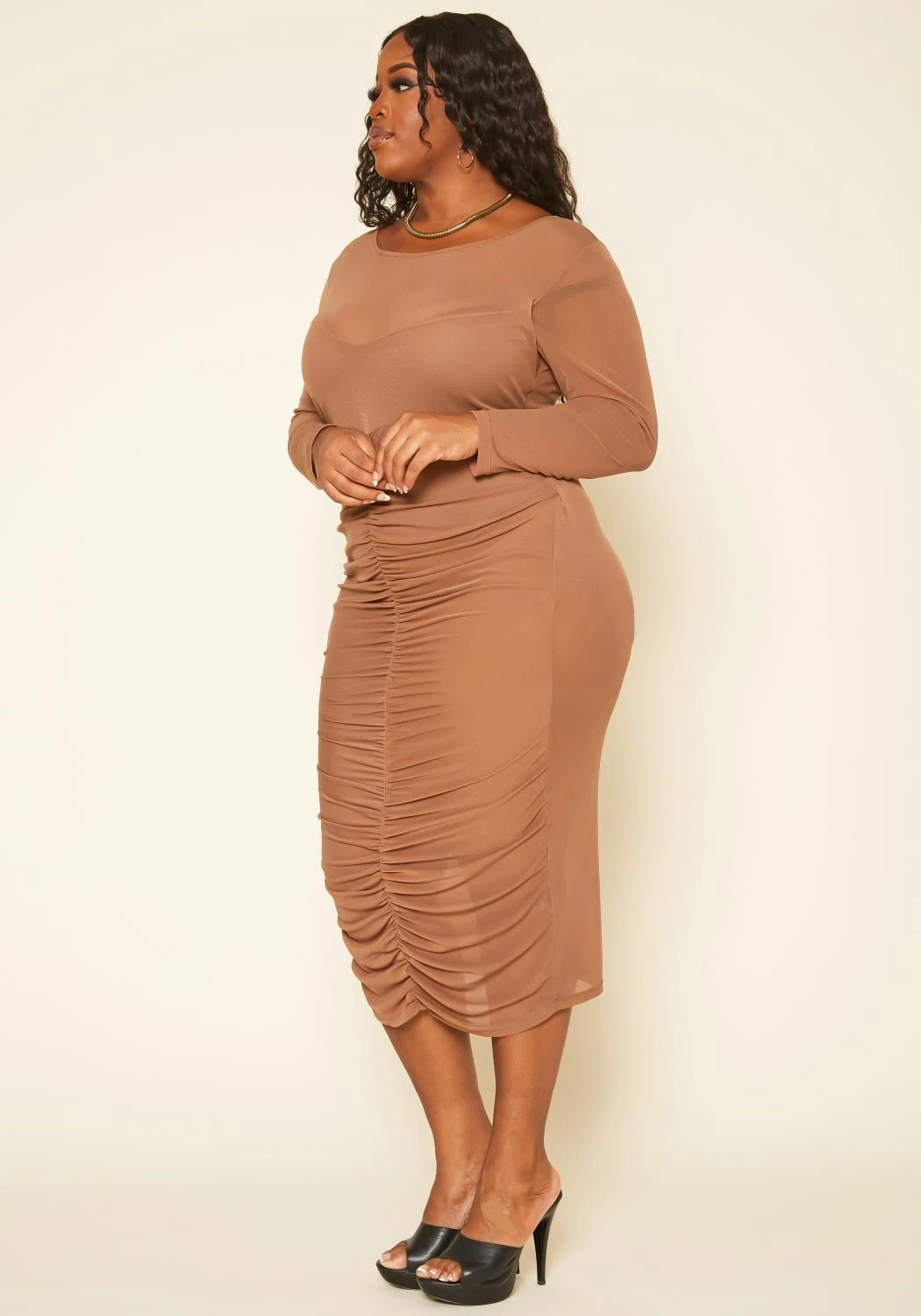 Plus Size Ruched Mesh Bodycon Midi Dress 5 Plus Size Ruched Mesh Bodycon Midi Dress - Image 3