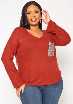 Plus Size Snakeskin Pocket Hem Long Sleeve Shirt