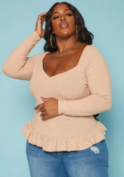 Plus Size Ribbed Knit Ruffle Flare Shirt -Curve Elegance Shop 2019352 190 1