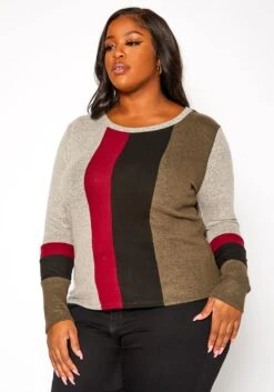 Plus Size Color Block Long Sleeve Shirt -Curve Elegance Shop 2019364 128 2