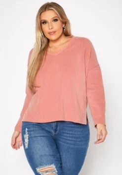 Plus Size Basic V Neck Long Sleeve Top