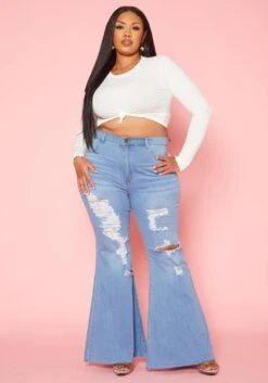 Vibrant Plus Size Distressed Raw Cut Bell Bottom Denim Jean
