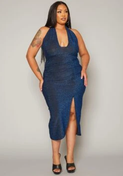 Plus Size Shimmer Halter Neck Bodycon Dress