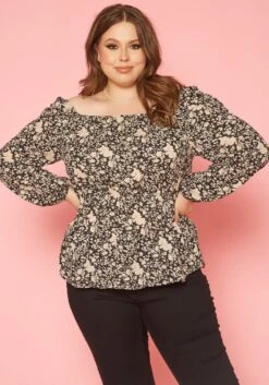 Plus Size Vintage Floral Print Off Shoulder Top -Curve Elegance Shop 2019641 001 1
