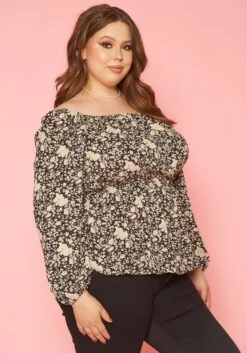 Plus Size Vintage Floral Print Off Shoulder Top -Curve Elegance Shop 2019641 001 2