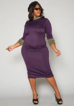 Plus Size Fuzzy Knit Trim Midi Dress