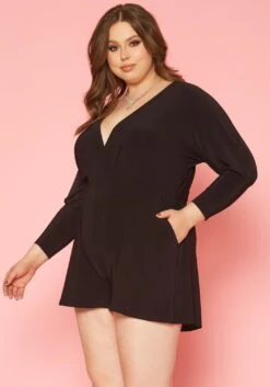 Plus Size V Neck Long Sleeve Romper -Curve Elegance Shop 2019856 001 2