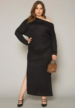 Plus Size Drawstring Hem High Waist Maxi Skirt