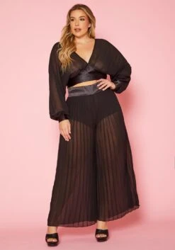 Plus Size Pleated Dolman Sleeve Top & Palazzo Pants Set