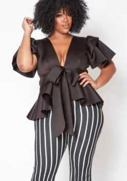Plus Size Tie Front Ruffle Peplum Blouse -Curve Elegance Shop 2019877 003 2