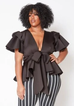 Plus Size Tie Front Ruffle Peplum Blouse -Curve Elegance Shop 2019877 003 3