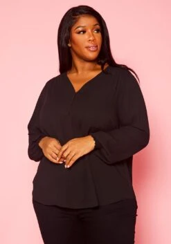 Plus Size V Neck Pocket Hem Long Sleeve Blouse -Curve Elegance Shop 2019925 001 1