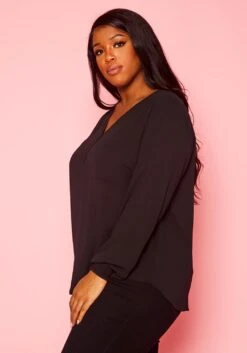 Plus Size V Neck Pocket Hem Long Sleeve Blouse -Curve Elegance Shop 2019925 001 2