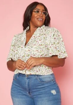 Plus Size Floral Pattern Collar Neck Shirt -Curve Elegance Shop 2019946 002 0