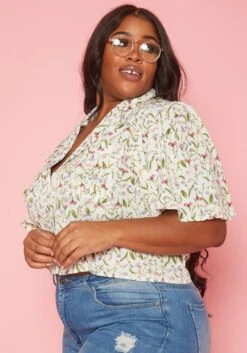 Plus Size Floral Pattern Collar Neck Shirt -Curve Elegance Shop 2019946 002 1