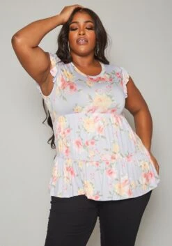Plus Size Floral Print Flare Top