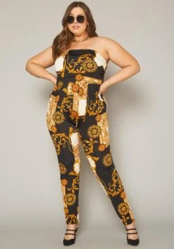Plus Size Brocade Print Tube Jumpsuit