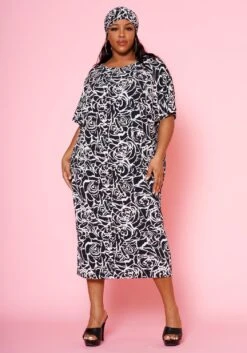Plus Size Rose Bloom Print Midi Dress