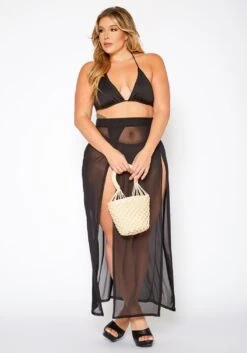 Plus Size High Waist Double Slit Hem Cover Up Skirt
