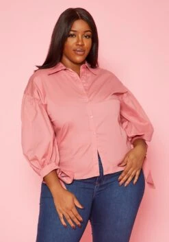 Plus Size Collar Neck Puff Sleeve Linen Shirt