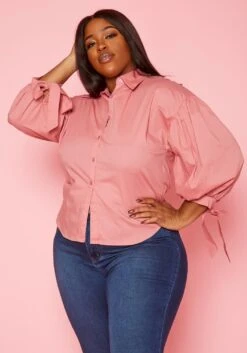 Plus Size Collar Neck Puff Sleeve Linen Shirt -Curve Elegance Shop 2020198 002 2