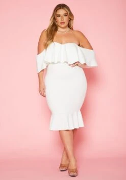 Plus Size Off Shoulder Ruffle Hem Midi Dress -Curve Elegance Shop 2020207 001 0