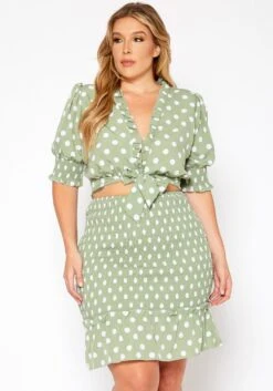Plus Size Polka Dot Print Crop Top & Mini Skirt Set