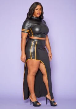 Plus Size Faux Leather Mock Neck Crop Top & Slit Maxi Skirt Set -Curve Elegance Shop 2020236 001 3