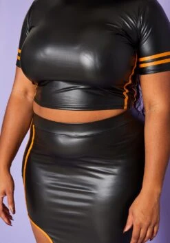 Plus Size Faux Leather Mock Neck Crop Top & Slit Maxi Skirt Set -Curve Elegance Shop 2020236 001 5