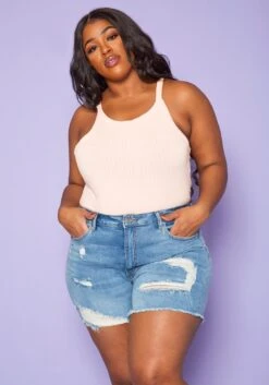 Plus Size Distressed Mid Length Denim Shorts