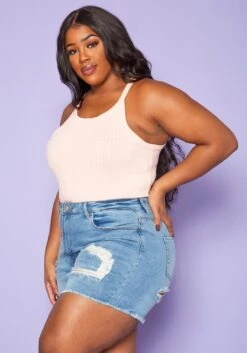 Plus Size Distressed Mid Length Denim Shorts -Curve Elegance Shop 2020268 001 4