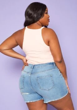 Plus Size Distressed Mid Length Denim Shorts -Curve Elegance Shop 2020268 001 5