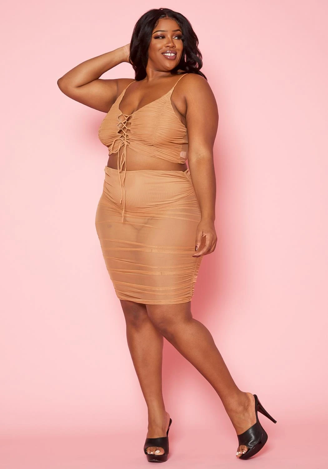 Plus Size Ruched Mesh Crop Top & Mesh Skirt Set 3 Plus Size Ruched Mesh Crop Top & Mesh Skirt Set