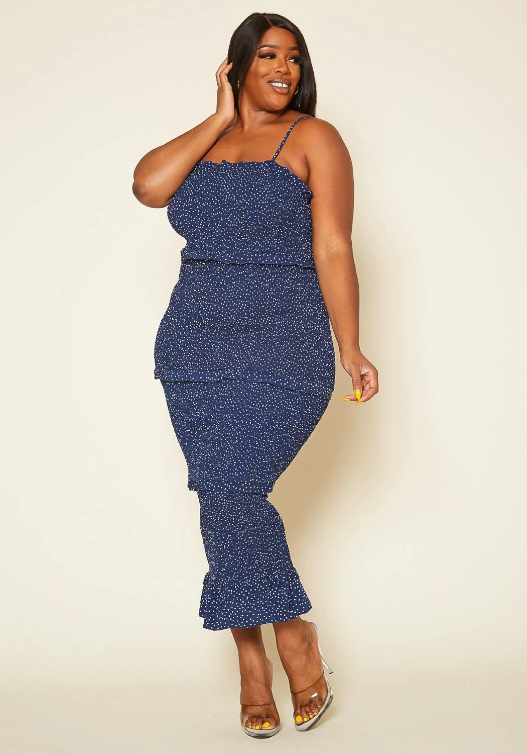 Plus Size Shirred Polka Dot Maxi Dress 3 Plus Size Shirred Polka Dot Maxi Dress