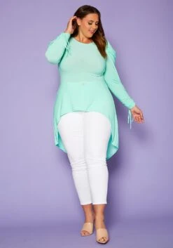 Plus Size High-Low Ruched Puffed Sleeves Top