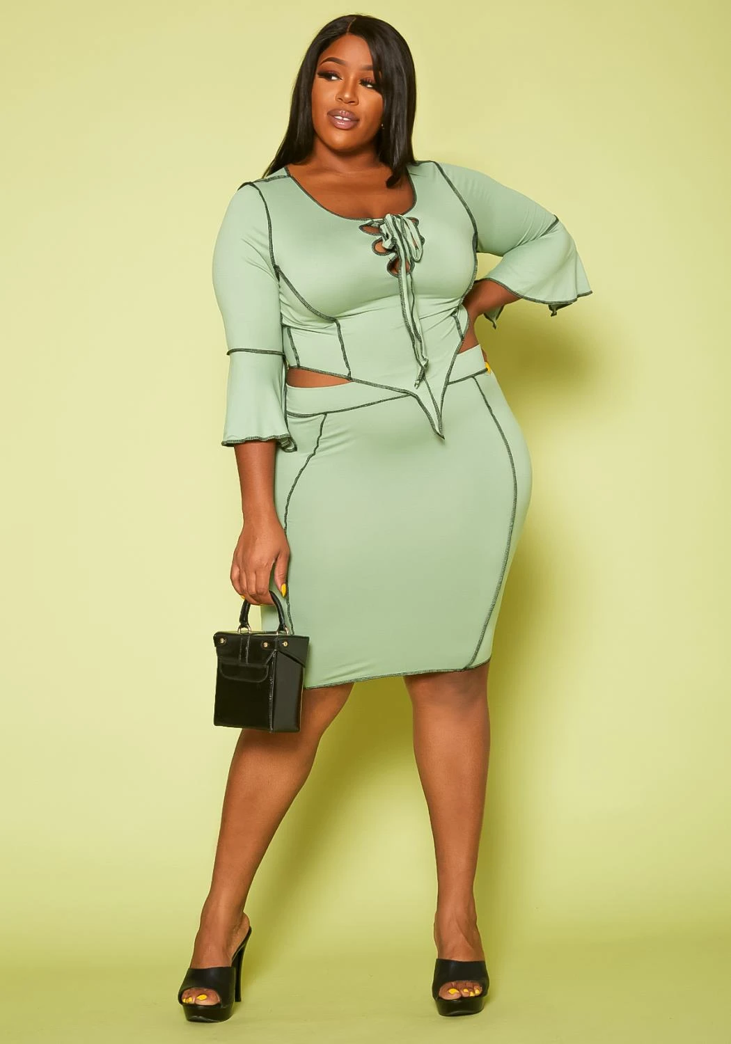 Plus Size Contrast Stitch Top & Pencil Skirt Set 3 Plus Size Contrast Stitch Top & Pencil Skirt Set