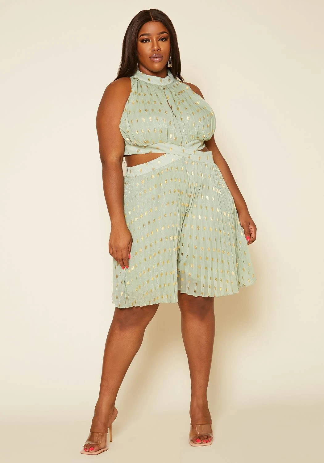 Plus Size Pleated Polka Dot Cut Out Romper 3 Plus Size Pleated Polka Dot Cut Out Romper