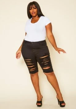 Plus Size Distressed Denim Bermuda Shorts
